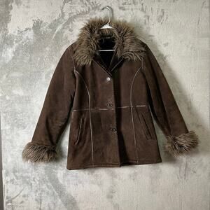 Vintage Penny Lane Shearling Coat Fur Trim Boho Glam Leather Brown Medium